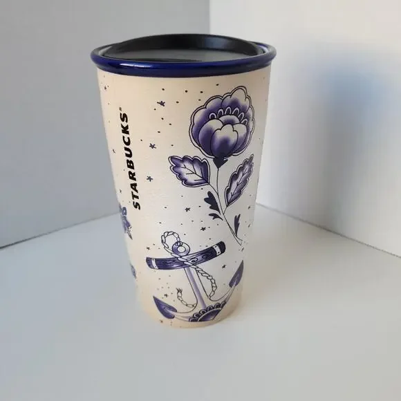 Starbucks 12 Oz Mermaid Tattoo Floral Ceramic Tumbler Travel Mug Blue Siren 2016 - Picture 2 of 6